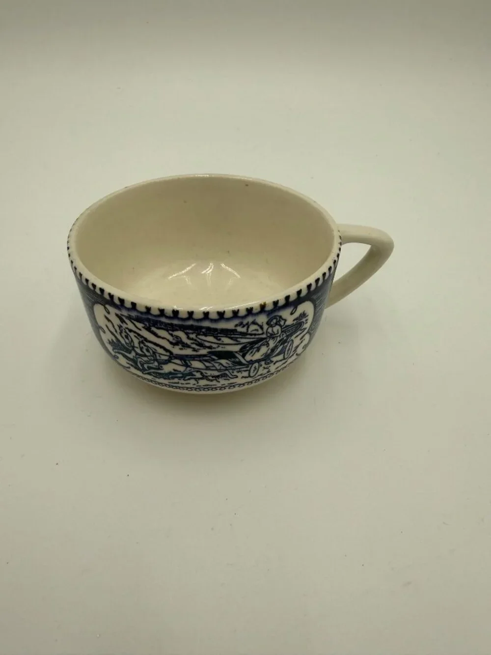Vintage Currier & Ives Blue White Ceramic Tea cup Coaching Scene